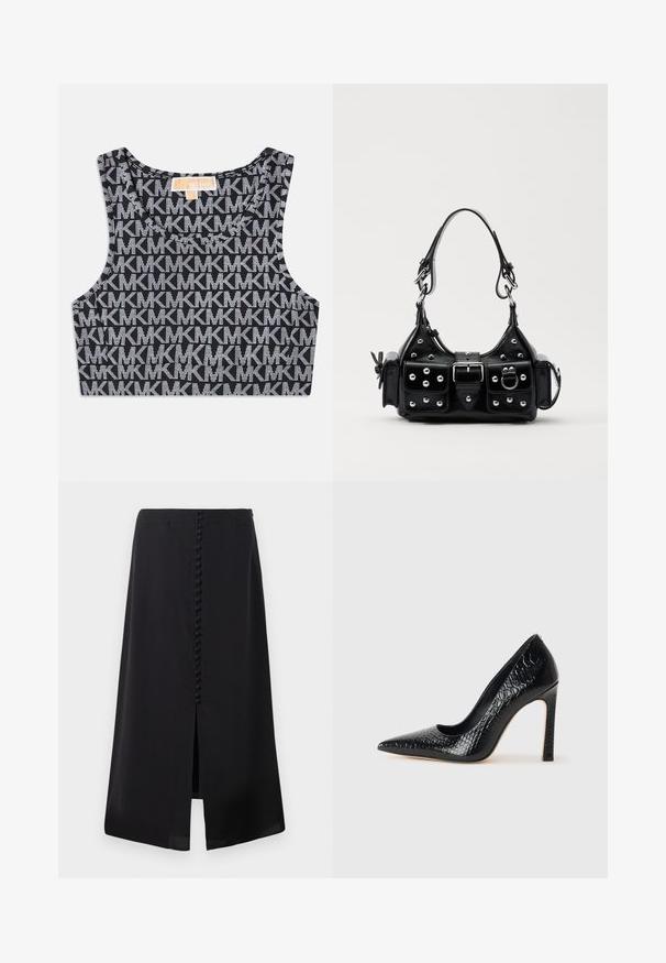 Zwart cropped tanktop met een herhaald wit MK-logo patroon, ronde halslijn en brede schouderbanden. Glad textuur.; Zwarte midi-jurk gemaakt van soepele stof, met een voren split en een rij kleine knopen langs de achterkant voor detail.; Zwarte puntige hoge hak schoen met een krokodillenleren textuur, met een slank ontwerp, hoge stiletto-hak, en een gladde zwarte binnenkant.; Zwarte lederen handtas met een gebogen ontwerp, voorzien van zilveren studs, een gesp en twee zijvakken. Verstelbare schouderband voor verschillende draagmogelijkheden.