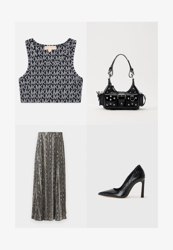 Top court noir sans manches avec un motif répétitif de logo MK blanc, encolure ronde et larges bretelles. Texture lisse.; Jupe midi plissée à imprimé serpent, avec des nuances de gris, noir et beige. Fabriquée en tissu léger avec une taille élastique.; Escarpin noir à bout pointu avec texture en cuir de crocodile, présentant un design élégant, un haut talon aiguille et un intérieur noir lisse.; Sac à main en cuir noir au design courbé, avec des clous en argent, une boucle et deux poches latérales. Bandoulière réglable pour différentes options de transport.
