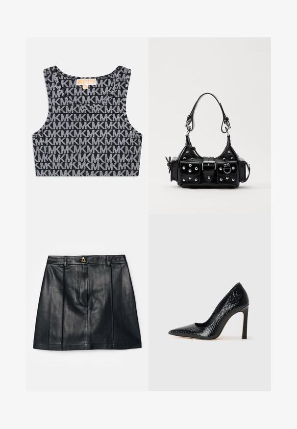 Fekete, lecsupaszított topp fehér MK logóval díszített ismétlődő mintával, kerek nyakkivágással és széles vállpántokkal. Sima textúra.; AERON RUDENS SKIRT - A-vonalú szoknya - black; Fekete hegyes orrú magassarkú cipő krokodilbőr textúrával, letisztult dizájnnal, magas tűsarkú és sima fekete belső résszel.; Fekete bőr kézitáska ívelt designnal, ezüst szegecsekkel, csattal és két oldalsó zsebbel. Állítható vállpánt a hordozási lehetőségekhez.