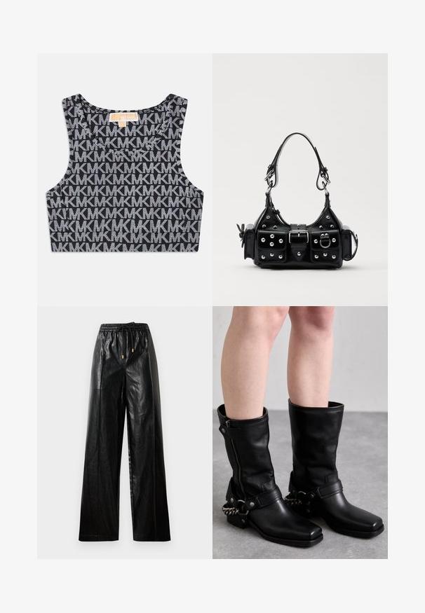 Top corto negro sin mangas con un patrón repetido del logo blanco de MK, escote redondo y tirantes anchos. Textura suave.; Pantalones de piel negra de pierna ancha con cintura elástica, cordón y detalles en dorado. Textura suave y corte holgado.; Botas negras de cuero hasta la rodilla con punta cuadrada, cremallera lateral y correa ajustable con un detalle de cadena de metal. Acabado mate y suela resistente.; Bolso de mano de cuero negro con un diseño curvado, que cuenta con tachuelas plateadas, una hebilla y dos bolsillos laterales. Correa ajustable para opciones de transporte.