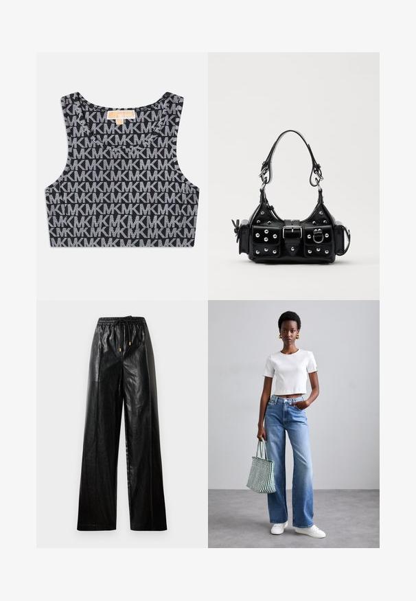 Czarny krótki top na ramiączkach z powtarzającym się białym wzorem logo MK, okrągłym dekoltem i szerokimi ramiączkami. Gładka tekstura.; Czarne skórzane spodnie typu wide-leg z elastycznym pasem, sznurkiem i złotymi akcentami. Gładka tekstura i luźny krój.; Biała, prążkowana, krótka koszulka, jasnoniebieskie, szerokie dżinsy i białe sneakersy. Trzyma zielono-białą torbę w paski.; Czarna skórzana torebka w zakrzywionym kształcie, z srebrnymi ćwiekami, klamrą i dwoma bocznymi kieszeniami. Regulowany pasek umożliwiający różne opcje noszenia.