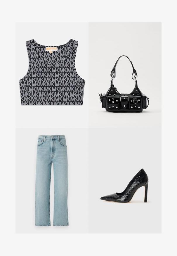 Top court noir sans manches avec un motif répétitif de logo MK blanc, encolure ronde et larges bretelles. Texture lisse.; Jean droit bleu clair en denim, doté d'une taille haute, d'une fermeture à bouton à l'avant et d'une décoloration subtile sur le tissu.; Escarpin noir à bout pointu avec texture en cuir de crocodile, présentant un design élégant, un haut talon aiguille et un intérieur noir lisse.; Sac à main en cuir noir au design courbé, avec des clous en argent, une boucle et deux poches latérales. Bandoulière réglable pour différentes options de transport.
