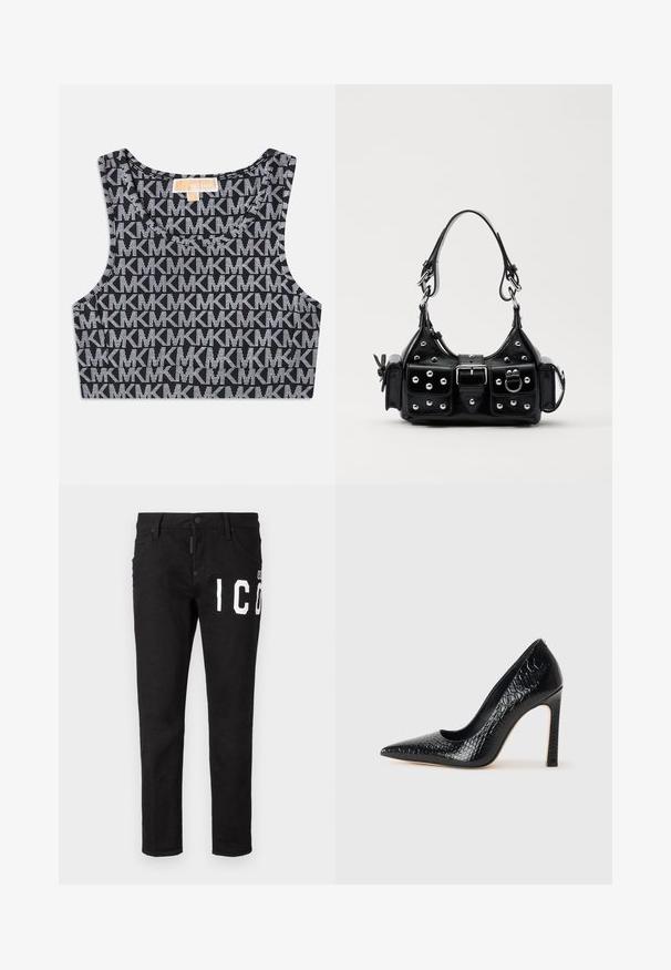 Musta lyhyt toppi, jossa on toistuva valkoinen MK-logo -kuvio, pyöreä kaula-aukko ja leveät olkaimet. Sileä tekstuuri.; Musta farkkutakki, jossa on kapea malli. Edessä valkoista graafista tekstiä, viisi taskua ja nappikiinnitys. Tasainen pinta.; Musta kapea nilkkakorkokenkä krokotiilin nahkakuviolla, joka on varustettu tyylikkäällä muotoilulla, korkealla stiletto-korkealla ja sileällä mustalla sisäosalla.; Musta nahkainen käsilaukku, jossa on kaareva muotoilu, hopeiset niitit, solki ja kaksi sivutaskua. Säädettävä olkahihna erilaisiin kantovaihtoehtoihin.