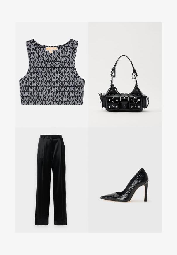Črn skrajšan top brez rokavov z ponavljajočim se belem MK logotipom, okroglo ovratnico in širokimi naramnicami. Gladka tekstura.; Črne satenske hlače visoke pasu z ravnimi širokimi nogami, z zankami za pas in ravnim sprednjim zapiranjem na enobarvni beli podlagi.; Črne čevlje z visoko peto in konico v obliki puščice, z teksturo krokodilje kože, ki se ponašajo s sleek oblikovanjem, visokim stiletto peto in gladkim črnim notranjostjo.; Črna usnjena torbica s ukrivljenim dizajnom, ki vsebuje srebrne žebljičke, zaponko in dve stranski žepki. Nastavljiv trak za različne možnosti nošenja.