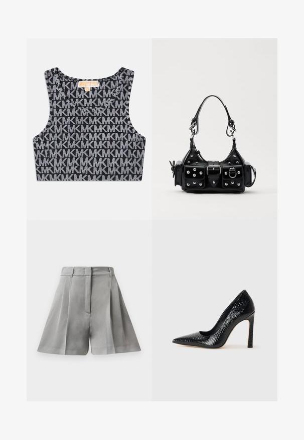 Top corto nero con motivo a ripetizione del logo MK bianco, scollatura rotonda e spalline larghe. Tessuto liscio.; Pantaloni shorts grigi plissettati realizzati in tessuto morbido, con vita alta, tasche frontali e un design sartoriale con linee pulite.; Scarpa nera con punta a punta alta in pelle di coccodrillo, caratterizzata da un design elegante, alto tacco a spillo e interno nero liscio.; Borsa a mano in pelle nera con design curvo, caratterizzata da borchie argentate, una fibbia e due tasche laterali. Tracolla regolabile per diverse opzioni di trasporto.