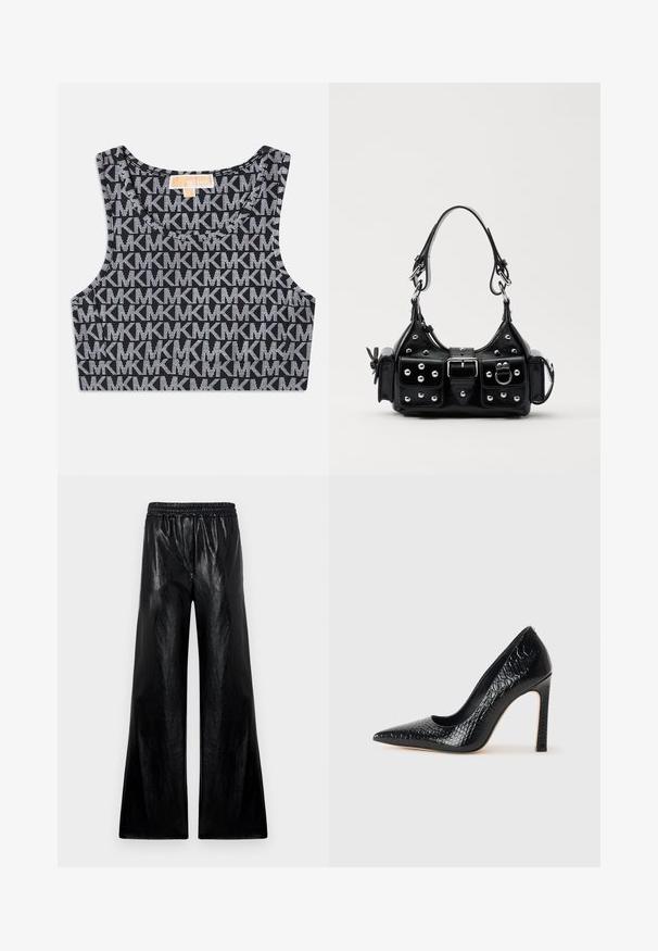 Black cropped tank top featuring a repeated white MK logo pattern, round neckline, and wide shoulder straps. Smooth texture.; Wide-leg pants made of glossy black material with an elasticated waistband. The fabric features a smooth texture and slight sheen.; Black pointed-toe high heel shoe with a crocodile-skin texture, featuring a sleek design, high stiletto heel, and smooth black interior.; Black leather handbag with a curved design, featuring silver studs, a buckle, and two side pockets. Adjustable strap for carrying options.