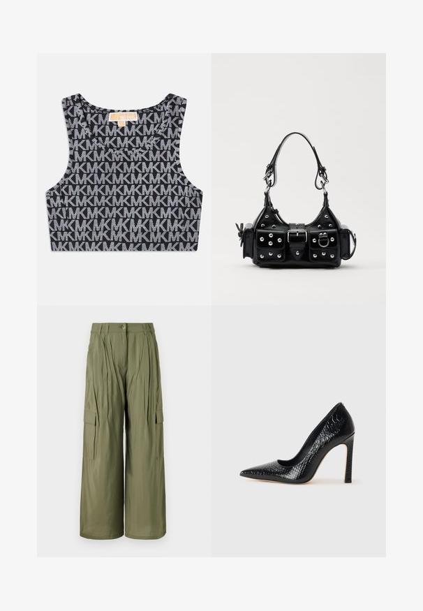 Melnā īsā topa ar atkārtotu balto MK logo rakstu, apaļu kakla izgriezumu un plašiem plecu siksnām. Gluda tekstūra.; Olīvu zaļas plaša kāju kravas bikses ar priekšējām krokām, sānu kabatām un pogu aizdari. Gluda tekstūra, viegla auduma.; Melni augstpapēžu apavi ar norādītu purngalu, ar krokodila ādas tekstūru, izceļoties ar elegantu dizainu, augstu stiletto papēdi un gludu melnu interjeru.; Melnas ādas rokturmais ar izliekumu, ar sudraba iedurtiem, sprādzi un divām sānu kabatām. Regulējams siksniņas garums dažādām nēsāšanas iespējām.