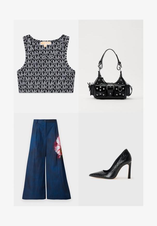 Juodas trumpas tanko tipo marškinėlis su pakartotu baltu MK logotipo raštu, apvaliu iškirpimu ir plačiomis petnešomis. Lygus paviršius.; Plati kojinės tamsiai mėlynos spalvos šilko, su rožių raštu raudonomis ir geltonomis spalvomis iš vienos pusės, su mygtukų uždarymu juosmens srityje.; Juoda smailiakulnė aukšto kulno bateliai su krokodilo odos tekstūra, pasižymintys elegantišku dizainu, aukštu stiletu kulnu ir lygia juoda vidine dalimi.; Juodas odinis rankinukas su kreiviu dizainu, su sidabro spalvos knopkėmis, užsegimu ir dviem šoninėmis kišenėmis. Reguliuojama dirželis nešimui.