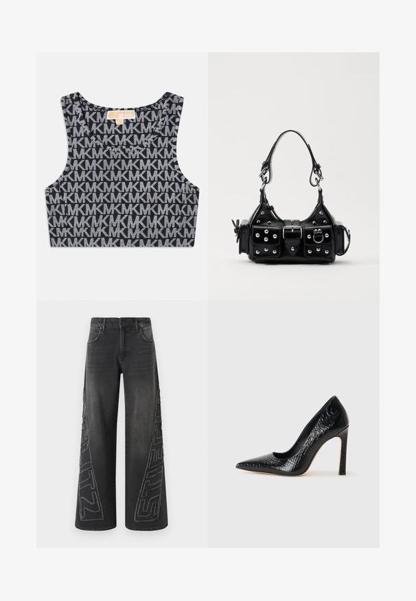 Black cropped tank top featuring a repeated white MK logo pattern, round neckline, and wide shoulder straps. Smooth texture.; Black wide-leg jeans made of denim, featuring a frayed embroidered graphic on the sides and traditional five-pocket design.; Black pointed-toe high heel shoe with a crocodile-skin texture, featuring a sleek design, high stiletto heel, and smooth black interior.; Black leather handbag with a curved design, featuring silver studs, a buckle, and two side pockets. Adjustable strap for carrying options.