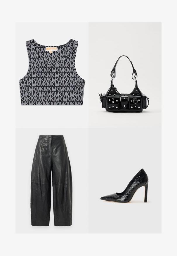 Černý zkrácený top na ramínka s opakujícím se bílým vzorem loga MK, kulatým výstřihem a širokými ramínky. Hladký povrch.; Černé kožené kalhoty s širokým střihem a vysokým pasem, které mají jemné švy a hladkou texturu. Zkrácená délka do poloviny lýtek.; Černý lodičkový bot s špičatou špičkou, pokrytý texturou krokodýlí kůže, s elegantním designem, vysokým stiletto podpatkem a hladkým černým interiérem.; Černá kožená kabelka s křivkovým designem, zdobená stříbrnými hřebíky, s přezkou a dvěma bočními kapsami. Nastavitelný popruh pro různé možnosti nošení.