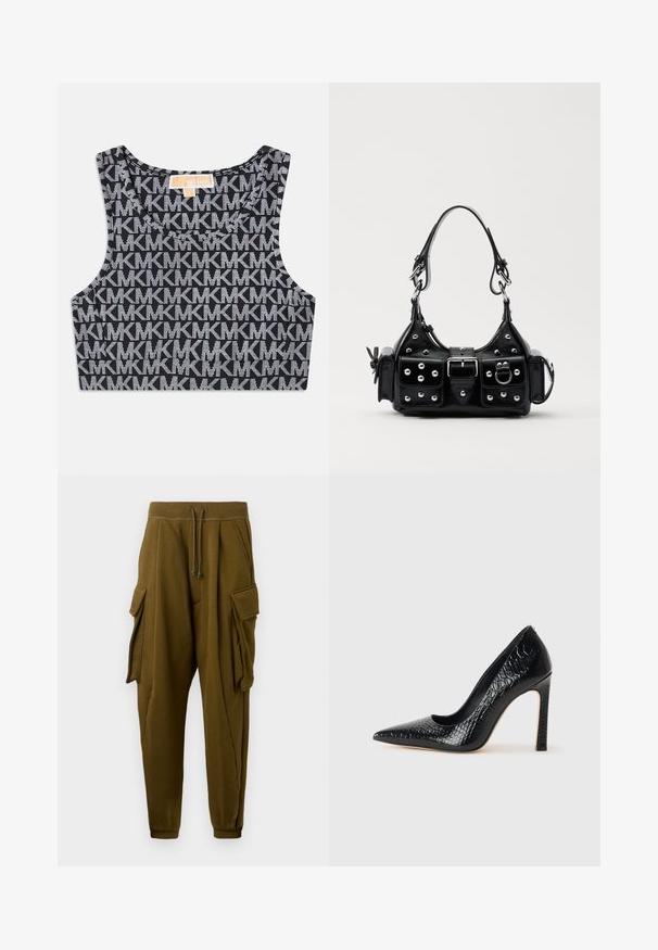 Črn skrajšan top brez rokavov z ponavljajočim se belem MK logotipom, okroglo ovratnico in širokimi naramnicami. Gladka tekstura.; Olivno zeleni trenirke z vrvico v pasu, dve veliki cargo žep z poklopcem na vsakem boku in manšete na gležnjih.; Črne čevlje z visoko peto in konico v obliki puščice, z teksturo krokodilje kože, ki se ponašajo s sleek oblikovanjem, visokim stiletto peto in gladkim črnim notranjostjo.; Črna usnjena torbica s ukrivljenim dizajnom, ki vsebuje srebrne žebljičke, zaponko in dve stranski žepki. Nastavljiv trak za različne možnosti nošenja.