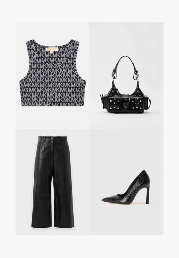 Fekete, lecsupaszított topp fehér MK logóval díszített ismétlődő mintával, kerek nyakkivágással és széles vállpántokkal. Sima textúra.; Fekete bőr, bő szárú nadrág sima textúrával, cipzáros záródással és elülső zsebekkel. Minimalista dizájn, rövidített hosszúsággal.; Fekete hegyes orrú magassarkú cipő krokodilbőr textúrával, letisztult dizájnnal, magas tűsarkú és sima fekete belső résszel.; Fekete bőr kézitáska ívelt designnal, ezüst szegecsekkel, csattal és két oldalsó zsebbel. Állítható vállpánt a hordozási lehetőségekhez.