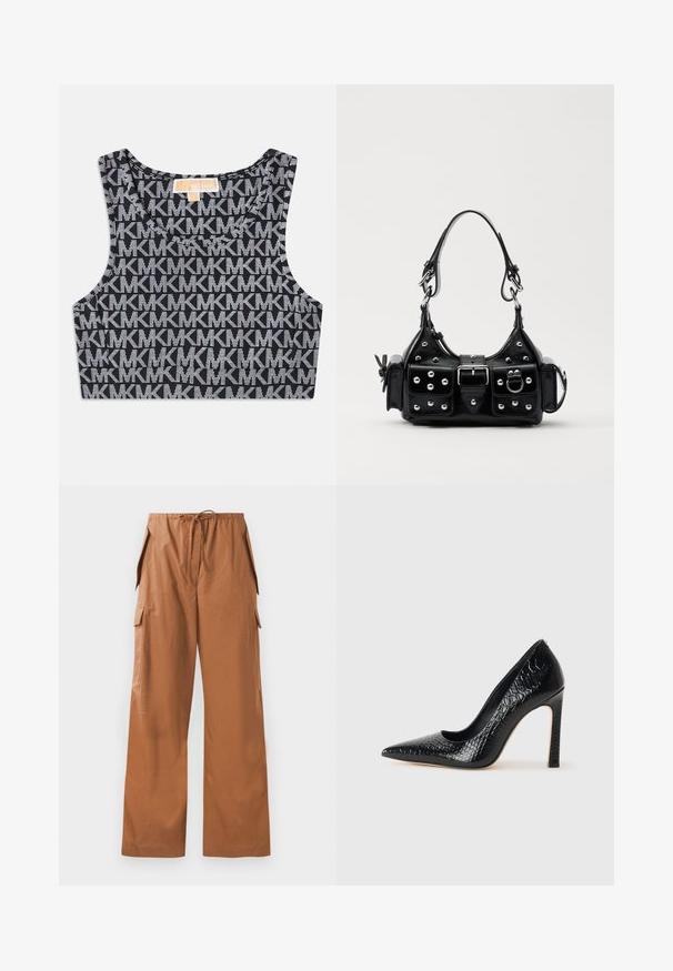 Svart kort t-shirt med en upprepad vit MK-logotyp, rund halsringning och breda axelband. Slät textur.; Bruna vida byxorna i cargo-stil gjorda av lättviktsmaterial, med ett elastiskt midjeband med dragsko och sidofickor.; Svart spetsig högklackad sko med krokodilskinnsstruktur, som har en elegant design, hög stilettklack och en slät svart innersula.; Svart läderhandväska med en kurvad design, prydd med silverfärgade nitar, ett spänne och två sidofickor. Justerbar rem för olika bäralternativ.