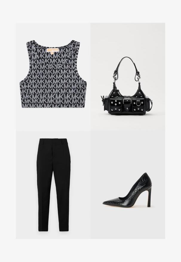 Top court noir sans manches avec un motif répétitif de logo MK blanc, encolure ronde et larges bretelles. Texture lisse.; Pantalons noirs avec une coupe ajustée, dotés de poches latérales, d'une texture lisse et d'un design épuré qui se resserre vers la cheville.; Escarpin noir à bout pointu avec texture en cuir de crocodile, présentant un design élégant, un haut talon aiguille et un intérieur noir lisse.; Sac à main en cuir noir au design courbé, avec des clous en argent, une boucle et deux poches latérales. Bandoulière réglable pour différentes options de transport.