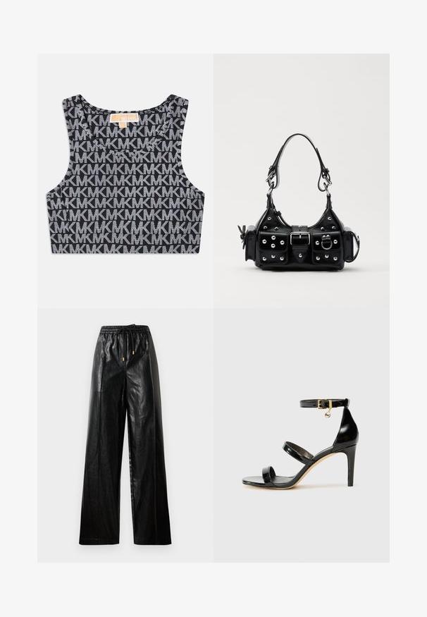 Top court noir sans manches avec un motif répétitif de logo MK blanc, encolure ronde et larges bretelles. Texture lisse.; Pantalon large en cuir noir avec une taille élastique, un cordon de serrage et des accents en matériel doré. Texture lisse et coupe décontractée.; Sandale en cuir verni noir avec trois brides, boucle de cheville et talon aiguille de 10 cm. Présente un détail en métal doré et un charm logo.; Sac à main en cuir noir au design courbé, avec des clous en argent, une boucle et deux poches latérales. Bandoulière réglable pour différentes options de transport.
