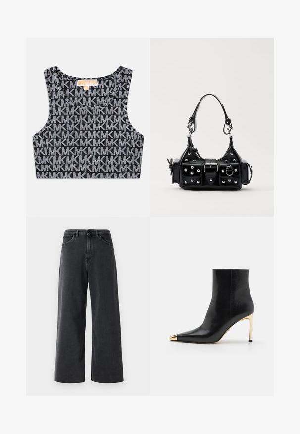 Black cropped tank top featuring a repeated white MK logo pattern, round neckline, and wide shoulder straps. Smooth texture.; Black wide-leg denim jeans with front button and zipper, belt loops, and front pockets on a plain white background.; Black leather ankle boot with a pointed toe, gold metallic cap, and a slender high heel. Smooth texture with a minimal design.; Black leather handbag with a curved design, featuring silver studs, a buckle, and two side pockets. Adjustable strap for carrying options.