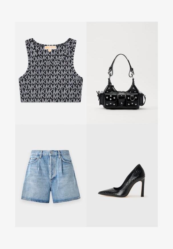 Crna skraćena majica bez rukava s ponovljenim bijelim uzorkom MK loga, okruglim izrezom i širokim naramenicama. Glatka tekstura.; Svijetloplave traper kratke hlače s visokim strukom, s kopčanjem na gumb i patentni zatvarač, prednjim džepovima i sirovim rubom.; Crne visoke potpetice s oštrim prstima, od teksture krokodilske kože, elegantnog dizajna, visoke stiletto potpetice i glatkog crnog unutrašnjosti.; Crna kožna torba s zakrivljenim dizajnom, koja sadrži srebrne zakovice, kopču i dva bočna džepa. Podesiva traka za različite opcije nošenja.