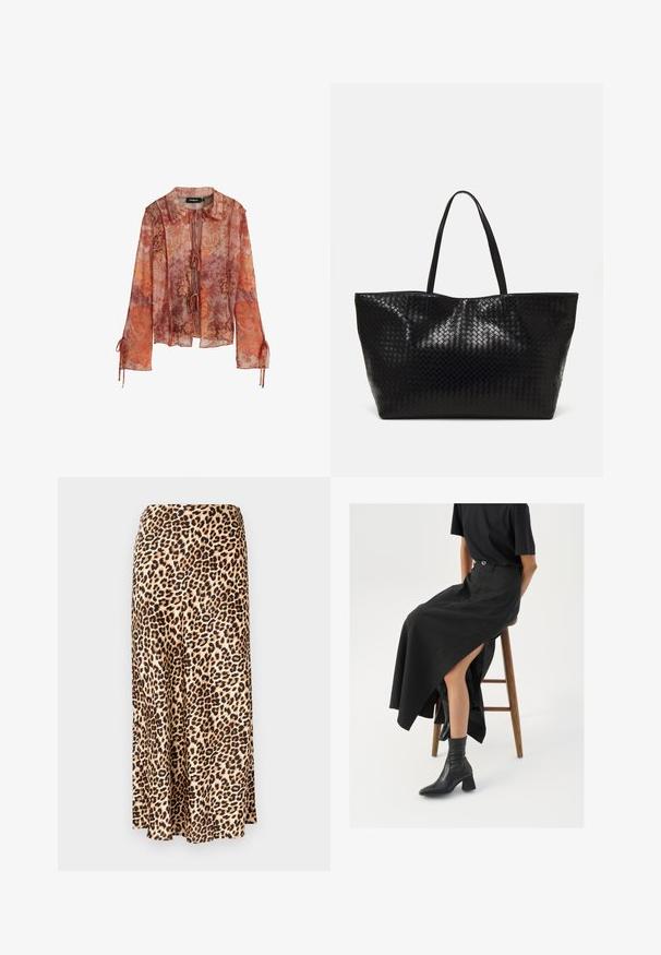 Blouse transparente à manches longues avec un imprimé floral rouge et orange, dotée d'un col et d'une fermeture à nouer. Présente des manches froncées avec des accents à lien de serrage.; Jupe longue imprimée léopard en tissu lisse. Fond beige avec des taches noires et marron. Design évasé avec un ourlet droit.; Jupe maxi en lin noir avec une fente haute, portée avec un t-shirt noir et des bottes de cheville noires. Design minimaliste avec une coupe décontractée.; Sac fourre-tout tissé noir avec deux poignées robustes, présentant une texture brillante et un design à ouverture spacieuse.