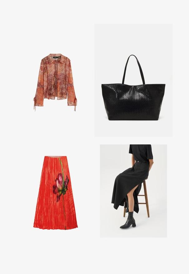 Transparente Bluse mit langen Ärmeln im rot-orangenen Blumenmuster, mit Kragen und Bindeschnurverschluss. Verfügt über geraffte Ärmel mit Kordelzug-Details.; Roter Faltrock mit großem Blumenmuster in rosa und grünen Tönen. Glatte Textur mit elastischem Bund.; Schwarzer Leinen-Maxi-Rock mit hohem Schlitz, getragen mit einem schwarzen T-Shirt und schwarzen Knöchelstiefeln. Minimalistisches Design mit lockerer Passform.; Schwarze geflochtene Tragetasche mit zwei stabilen Griffen, die eine glänzende Textur und ein geräumiges offenes Design bietet.