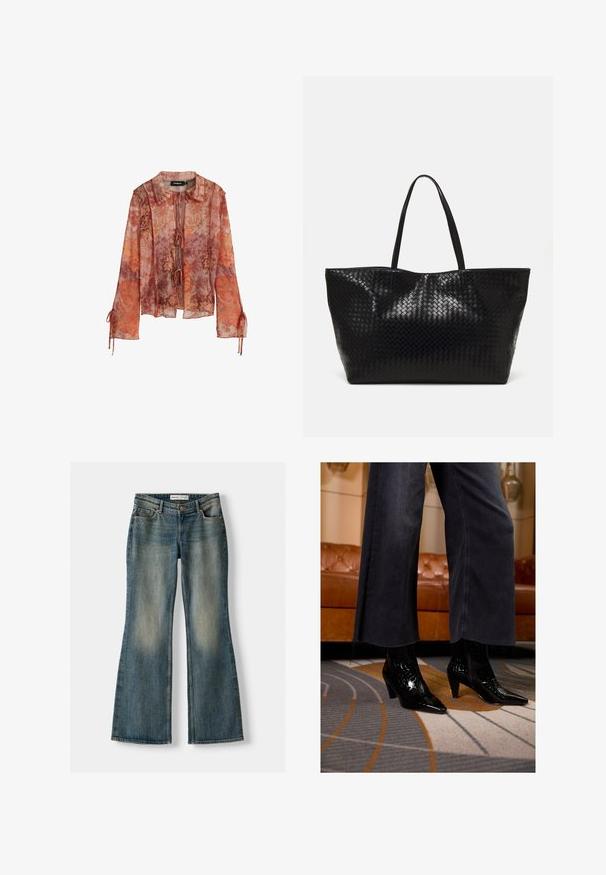 Blouse transparente à manches longues avec un imprimé floral rouge et orange, dotée d'un col et d'une fermeture à nouer. Présente des manches froncées avec des accents à lien de serrage.; Jeans flair bleus avec un lavage décoloré, cinq poches et une fermeture à bouton. Le matériau présente une texture en denim avec des détails de couture subtils.; Bottines noires à bout pointu avec une finition texturée portées sous un pantalon large noir à ourlet effiloché sur un tapis à motifs.; Sac fourre-tout tissé noir avec deux poignées robustes, présentant une texture brillante et un design à ouverture spacieuse.