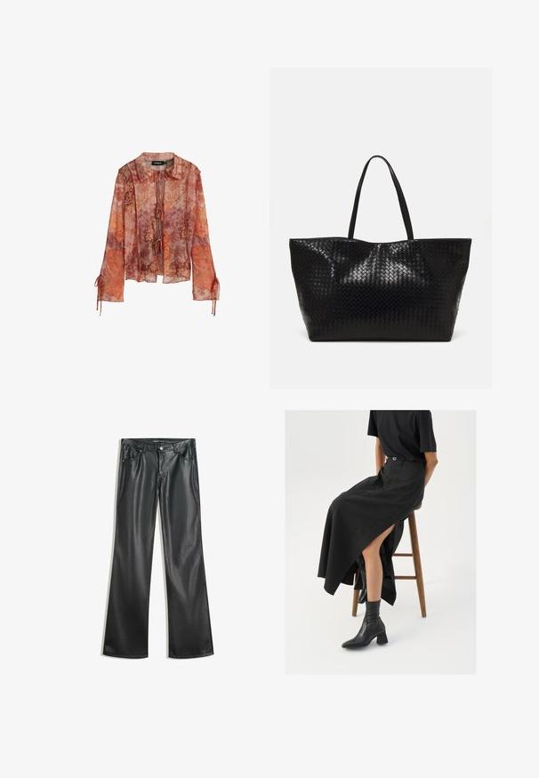 Průhledná blůza s dlouhými rukávy v červené a oranžové květinové potisku, s límečkem a zavazováním. Obsahuje nařasené rukávy s akcenty na stažení.; Černé kalhoty z umělé kůže s rozšířenými nohavicemi a hladkou texturou, pět kapsami, předním zipem a kontrastním prošíváním.; Černá maxi sukně z lnu s vysokým rozparkem, nošená s černým tričkem a černými kotníkovými botami. Minimalistický design s volným střihem.; Černá tkaná taška přes rameno s dvěma pevným uchy, má lesklou texturu a prostorný otevřený vrch.