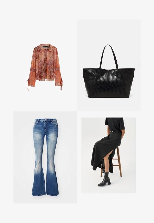 Transparante blouse met lange mouwen in een rode en oranje bloemenprint, met een kraag en striksluiting. Voorzien van geraffineerde mouwen met trekkoordaccenten.; Blauwe flared jeans van denim met een vervaagde wassing. Kenmerken zijn een aansluitende taille, een vijf-pocket ontwerp en een lichte slijtage aan de zoom.; Zwarte linnen maxi rok met een hoge split, gedragen met een zwart T-shirt en zwarte enkellaarsjes. Minimalistisch ontwerp met een relaxte pasvorm.; Zwarte geweven schoudertas met twee stevige handvatten, met een glanzende textuur en een ruime open bovenkant.