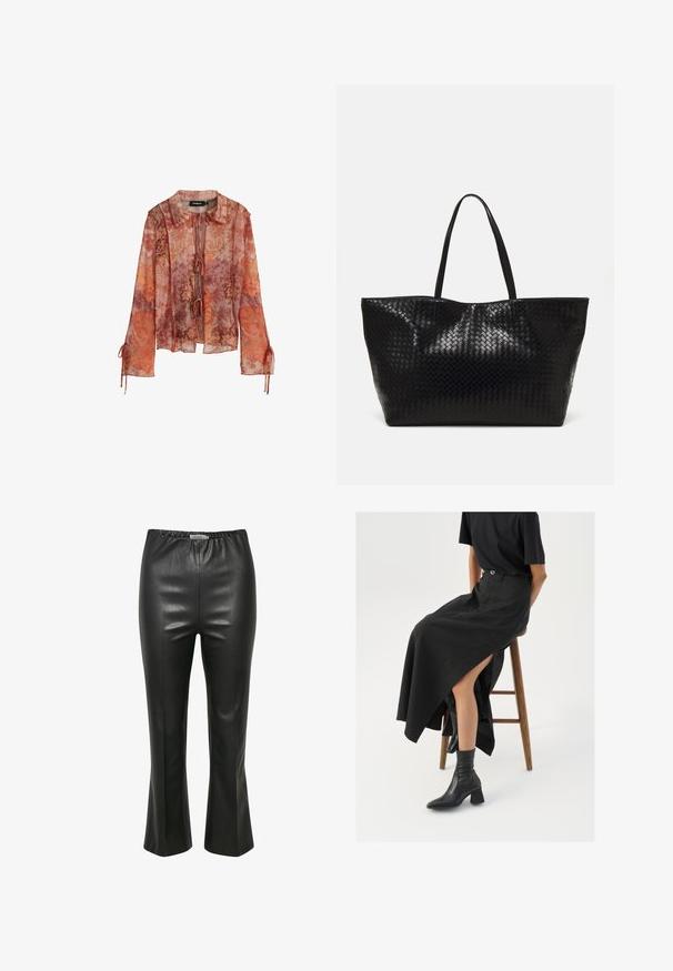 Priehľadná blúzka s dlhým rukávom v červenej a oranžovej kvetinovej potlači, s golierom a viazaním na uzol. Má zmrštené rukávy s akcentmi na šnúrku.; Čierne nohavice z umelej kože s hladkou textúrou, elastickým pásom a rozšíreným lemom, s vertikálnymi švovými detailmi.; Čierna ľanová maxi sukňa s vysokým rozparkom, nosená s čiernym tričkom a čiernymi členkovými čižmami. Minimalistický dizajn s voľným strihom.; Čierna tkaná taška s dvoma pevnými uchami, s lesklým povrchom a priestranným otvoreným dizajnom vrchnej časti.