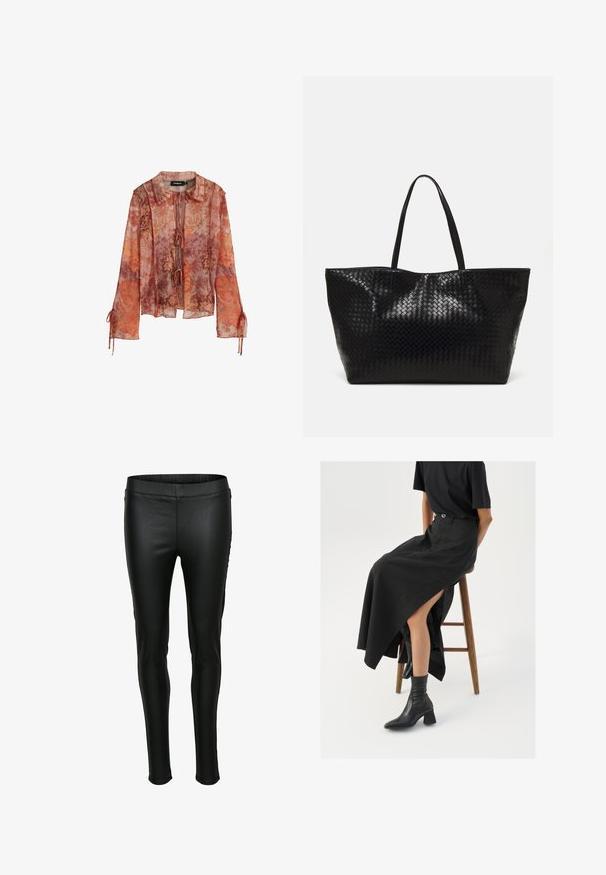 Transparante blouse met lange mouwen in een rode en oranje bloemenprint, met een kraag en striksluiting. Voorzien van geraffineerde mouwen met trekkoordaccenten.; Zwarte neplederen leggings met een gladde textuur, getailleerde pasvorm en elastische tailleband. Minimalistische stiksels en geen zakken.; Zwarte linnen maxi rok met een hoge split, gedragen met een zwart T-shirt en zwarte enkellaarsjes. Minimalistisch ontwerp met een relaxte pasvorm.; Zwarte geweven schoudertas met twee stevige handvatten, met een glanzende textuur en een ruime open bovenkant.