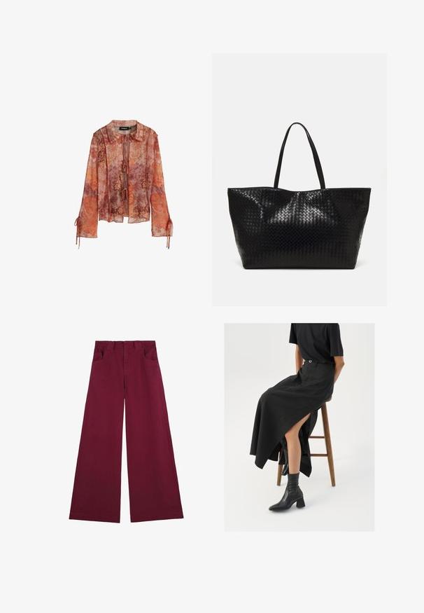 Transparente Bluse mit langen Ärmeln im rot-orangenen Blumenmuster, mit Kragen und Bindeschnurverschluss. Verfügt über geraffte Ärmel mit Kordelzug-Details.; Burgunderfarbene weit geschnittene Hose aus Baumwolle mit glatter Textur, ausgestattet mit zwei Fronttaschen und einem klassischen Taillenbunddesign.; Schwarzer Leinen-Maxi-Rock mit hohem Schlitz, getragen mit einem schwarzen T-Shirt und schwarzen Knöchelstiefeln. Minimalistisches Design mit lockerer Passform.; Schwarze geflochtene Tragetasche mit zwei stabilen Griffen, die eine glänzende Textur und ein geräumiges offenes Design bietet.; Silberne Creolen mit einer glatten, polierten Oberfläche. Runder Form und sicherem Klickverschluss. Leichtes Design, geeignet für den täglichen Gebrauch.