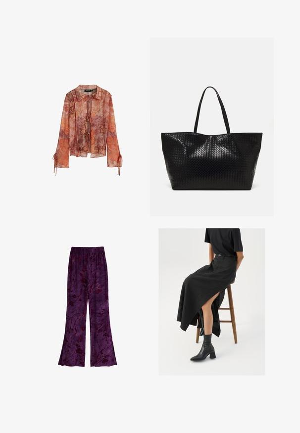 Transparante blouse met lange mouwen in een rode en oranje bloemenprint, met een kraag en striksluiting. Voorzien van geraffineerde mouwen met trekkoordaccenten.; Paarse, vloeiende broek met een bloemmotief in donkere tinten, gemaakt van een lichtgewicht stof met een elastische tailleband. Uitlopende stijl.; Zwarte linnen maxi rok met een hoge split, gedragen met een zwart T-shirt en zwarte enkellaarsjes. Minimalistisch ontwerp met een relaxte pasvorm.; Zwarte geweven schoudertas met twee stevige handvatten, met een glanzende textuur en een ruime open bovenkant.