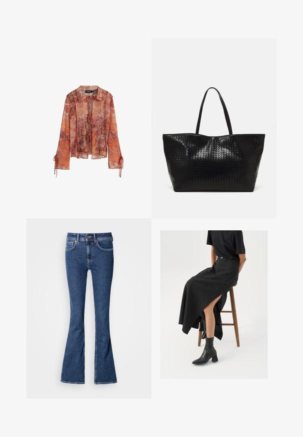 Transparent long-sleeve blouse in red and orange floral print, with a collar and tie closure. Features gathered sleeves with drawstring accents.; Flared blue jeans made from denim with a mid-rise waist. Features five pockets and a front button closure. Seam stitching visible along edges.; Black linen maxi skirt with a high slit, worn with a black t-shirt and black ankle boots. Minimalistic design with a relaxed fit.; Black woven tote bag with two sturdy handles, featuring a glossy texture and a spacious open top design.