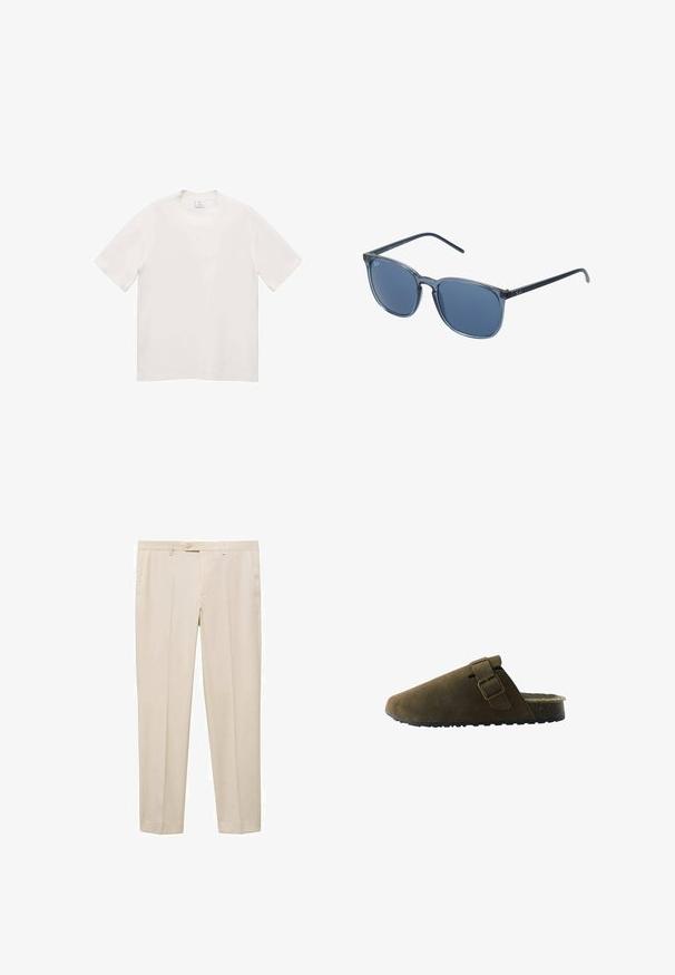 Weißes T-Shirt mit kurzen Ärmeln aus weichem Stoff. Rundhalsausschnitt, gerade geschnitten, keine sichtbaren Muster oder Hardwaredetails.; Beige maßgeschneiderte Hose mit geradem Schnitt, ausgestattet mit einem Knopfverschluss am Bund, zwei Eingrifftaschen und flachem Frontdesign.; Braune Wildleder-Pantoffel mit runder Zehenpartie, seitlichem Schnallendetail und strukturiertem Gummisohle. Das Innenfutter bietet eine weiche Polsterung für zusätzlichen Komfort.; Blaue rechteckige Sonnenbrille mit grauen getönten Gläsern, Kunststoffrahmen, metallischen Akzenten und matter Oberfläche an den Bügeln.