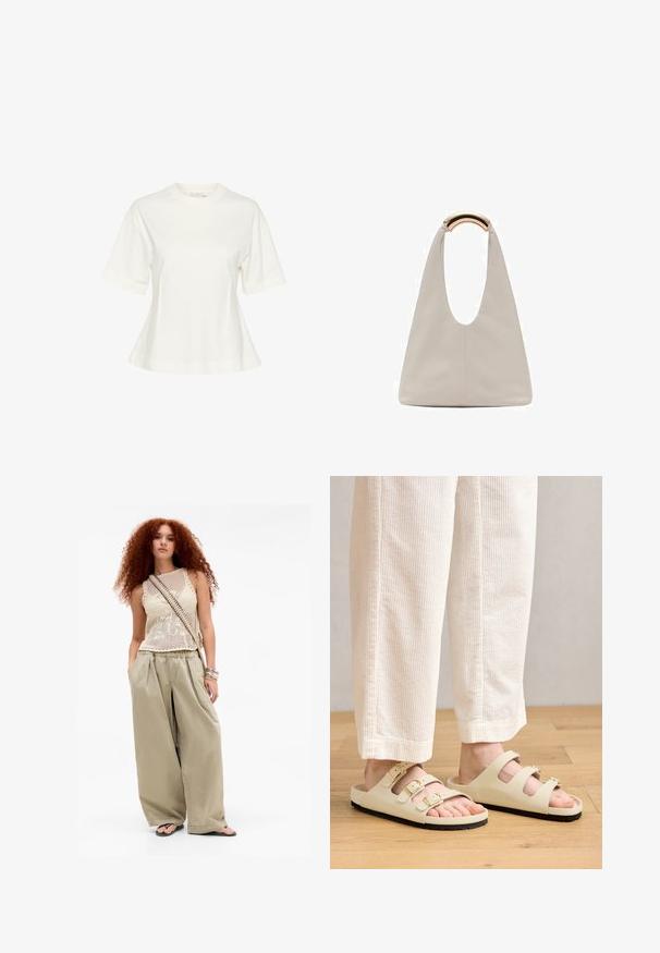 Bijela kratka majica s kratkim rukavima od mekog pamuka. Ima okrugli izrez i blago raširen donji rub, s minimalnim dizajnom i bez uzoraka.; Mlada žena s dugom kovrčavom crvenom kosom, koja nosi bež bezrukavnu pletenu majicu, široke kaki hlače, japanke, torbu preko ramena i narukvice.; Svijetlosmeđi sandali s tri podesiva remena s metalnim kopčama, udobnom uloškom i crnom gumenom potplatom.; Svijetlosivi kožni torba s oblikom u slovo U i zakrivljenim metalnim drškom. Glatka tekstura s minimalnim šavovima i bez vidljivih uzoraka.