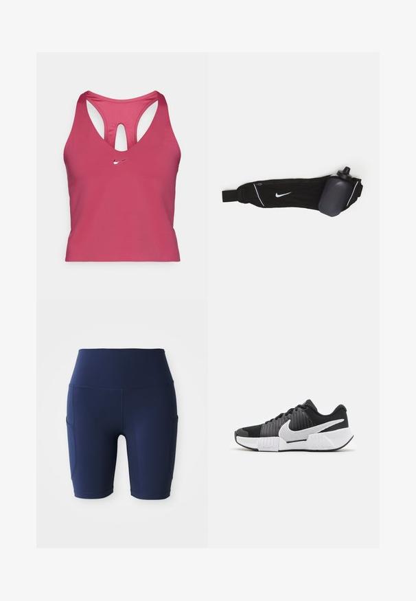 Roza Nike sport bra s mrežastim leđima, sa dubokim V-izrezom i izrezanim detaljem. Mali srebrni logo sprijeda. Mekani, rastezljivi materijal.; Tamno plave biciklističke kratke hlače visokog struka izrađene od rastezljivog, glatkog materijala; s bočnim džepovima i prilagođenim dizajnom.; Crne i bijele atletske tenisice s teksturiranim gornjištem, istaknutim Nike logom te kontrastnim dizajnom potplata za poboljšano prianjanje i stabilnost.; Crna torba za bocu vode s remenom koji se može prilagoditi, sa bijelim Nike logotipom, sivim držačem za bocu vode i bijelim detaljima od konca.