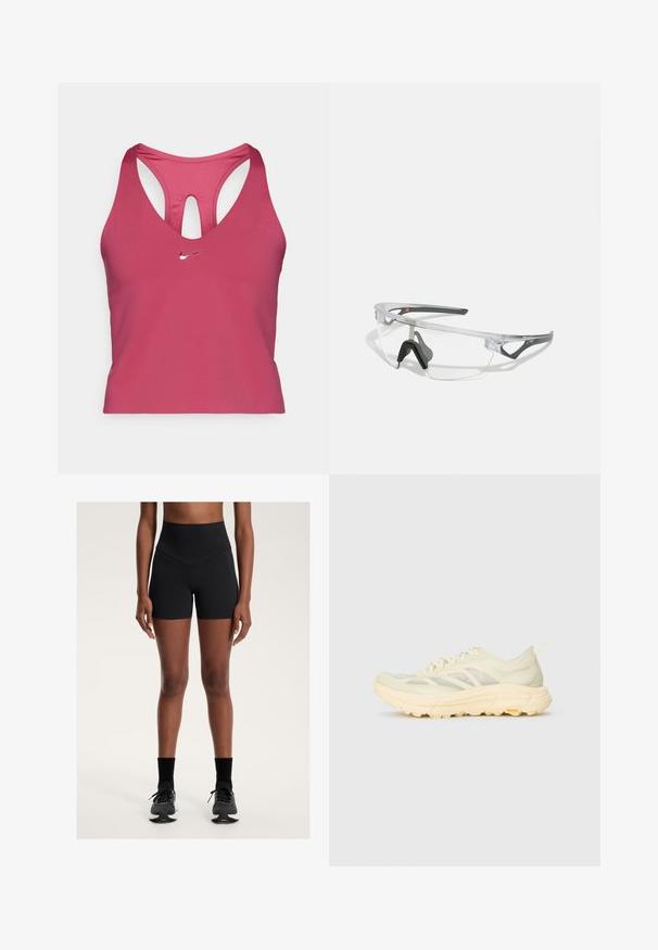 Roze Nike sportbeha met een mesh achterkant, voorzien van een diepe V-hals en een uitsnijding. Kleine zilveren logo aan de voorkant. Zacht, rekbaar materiaal.; Hoge taille zwarte sportshorts van een gladde, rekbare stof met een chevronontwerp aan de tailleband. Beschikt over een slim fit en minimale naden.; Lichtbeige sport sneaker met transparante bovenkant, dikke gevoerde zool, veter aan de zijkant en Vibram-logo op de buitenzool.; Duidelijke veiligheidsbril met een lichtgewicht, transparant montuur en grijze accenten. Bevat een rond lopend ontwerp en een verstelbare neuspiece.