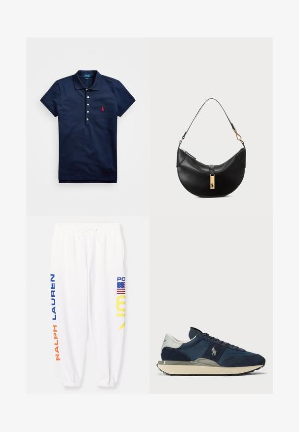 Sötétkék, pamut póló ing rövid ujjakkal, három gombos gombolással és piros hímzett logóval a bal mellen.; Fehér melegítőnadrág, kék, narancs és sárga felirattal az oldalán, valamint amerikai zászló díszítéssel. Rugalmas derékpánt állítható zsinórral.; Tengeri kék velúr és hálós sportcipő fehér és szürke sarokkal, lapos fűzőkkel és mintázott talppal. Oldalán logó található.; Fekete bőr kézitáska félhold alakú formában. Aranyszínű fémrészekkel és keskeny pánttal rendelkezik. Simább felület, cipzáras záródás a tetején.