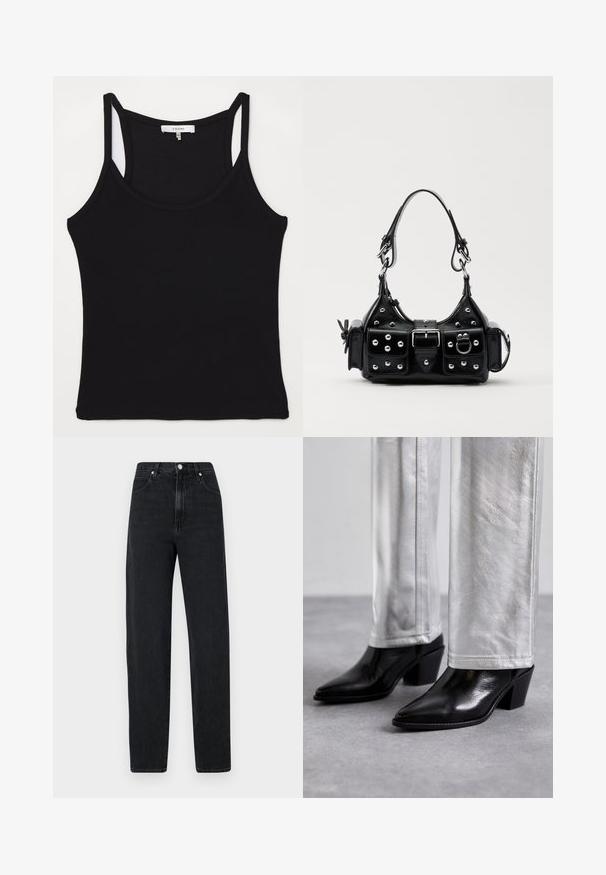 FRAME CUTAWAY TANK - Top - black; Jeans negri, cu picior dreaptă, din denim. Prezintă o talie înaltă, închidere cu nasture metalic, cinci buzunare și detalii fine de cusătură.; Cizme negre din piele cu guler până la gleznă, având vârf ascuțit și toc bloc, asortate cu pantaloni argintii strălucitori, evidențiind texturi elegante și culori contrastante.; Geantă de piele neagră cu un design curbat, dotată cu studuri argintii, o cataramă și două buzunare laterale. Curea ajustabilă pentru opțiuni de transport.