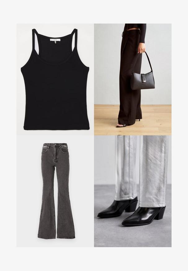 FRAME CUTAWAY TANK - Toppi - black; Mustat leveälahkeiset farkut, joissa on kulutettu kangas, etutaskut, vyölenkit ja metalliset yksityiskohdat vyötäröllä.; Mustat nahkaiset nilkkakengät, joissa on terävä kärki ja lohkare korko, yhdistettyinä kiiltävien hopeisten housujen kanssa, tuoden esiin tyylikkäitä tekstuureja ja kontrastoivia värejä.; Musta käsilaukku, jossa on rakenteellinen muoto, sileä pinta ja metallinen solki. Yhdistetty leveisiin mustiin housuihin ja avonaiheisiin sandaaleihin puulattialla.