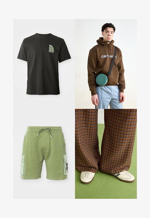 Schwarzes Kurzarm-T-Shirt mit Rundhalsausschnitt, das ein kleines grünes und weißes Viertelkreis-Logo und den Text "The North Face" auf der linken Brust zeigt.; Grüne Baumwollshorts mit elastischem Bund und Kordelzug. Verfügt über zwei seitliche Cargo-Taschen und strukturierte Paneelakzente an den Seiten.; Braun und blaue Karohosen mit weitem Bein, kombiniert mit weißen Schuhen mit schwarzen Akzenten und strukturierten Sohlen, vor einem grünen Hintergrund.; Brauner Kapuzensweatshirt mit weißem Logo, kombiniert mit hellblauen Hosen. Eine runde grüne Tasche hängt an einem schwarzen Gurt quer über den Körper.