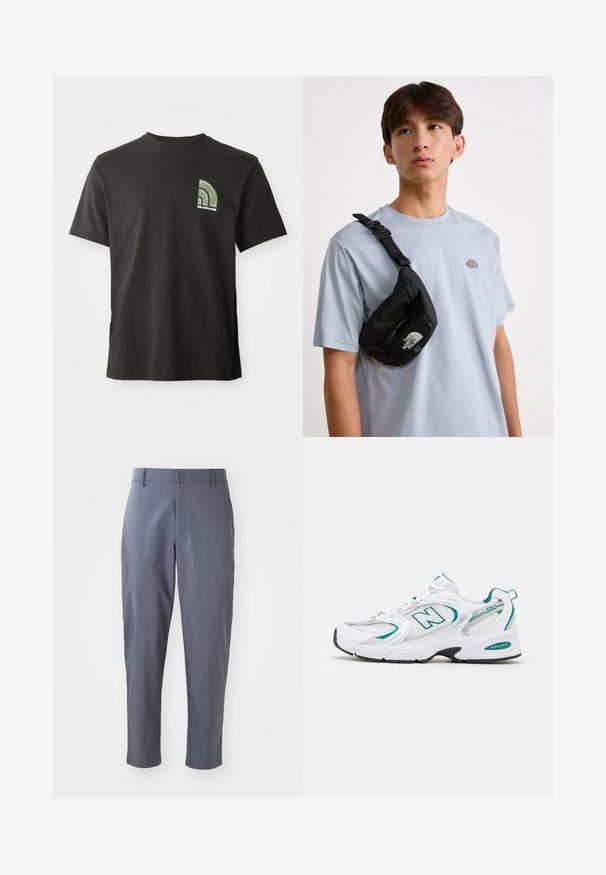 Musta lyhythihainen pyöreäkauluksinen t-paita, jossa on pieni vihreä ja valkoinen neljänneksen kehän logo ja "The North Face" -teksti vasemmassa rinnassa.; Harmaan housut, joissa on sileä pinta, kapea istuvuus, suorat lahkeet, etutaskut ja nappikiinnitys vyötäröllä.; Valkoinen urheilukenkä, jossa on verkkosäikeitä ja synteettisiä paneleita, turkooseja yksityiskohtia, pyöreä kärki, nauhallinen etuosa ja musta kumipohja.; Mustekka nailonkorsetti, jossa on säädettävä hihna ja huomattava valkoinen logo. Kannan päällä vaaleansinistä t-paitaa. Yksinkertainen ja toiminnallinen muotoilu.