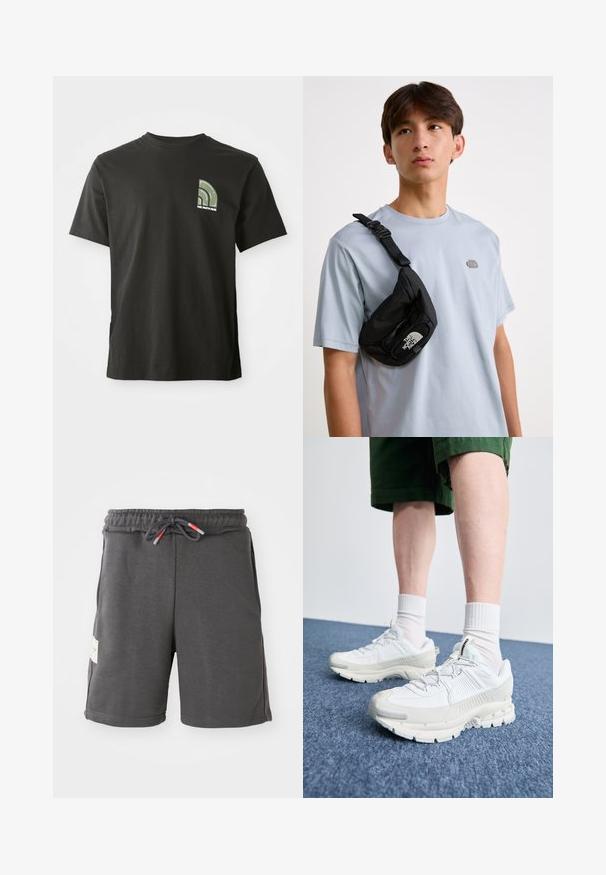 Zwarte t-shirt met korte mouwen en ronde hals, voorzien van een klein groen en wit kwartcirkel logo en de tekst "The North Face" op de linkerkant van de borst.; Grijze sportshorts met een elastische tailleband en een trekkoord. Voorzien van zijzakken en een stoffen label aan de linkerkant. Lichtgewicht materiaal.; Witte sportieve schoenen met textuuroverlays, een dikke zool en grijze accenten. Draag ze met witte crew-sokken en groene shorts op een blauwe ondergrond.; Zwarte nylon schoudertas met een verstelbare band, featuring een opvallend wit logo. Gedragen over een lichtblauw T-shirt. Eenvoudig, functioneel ontwerp.