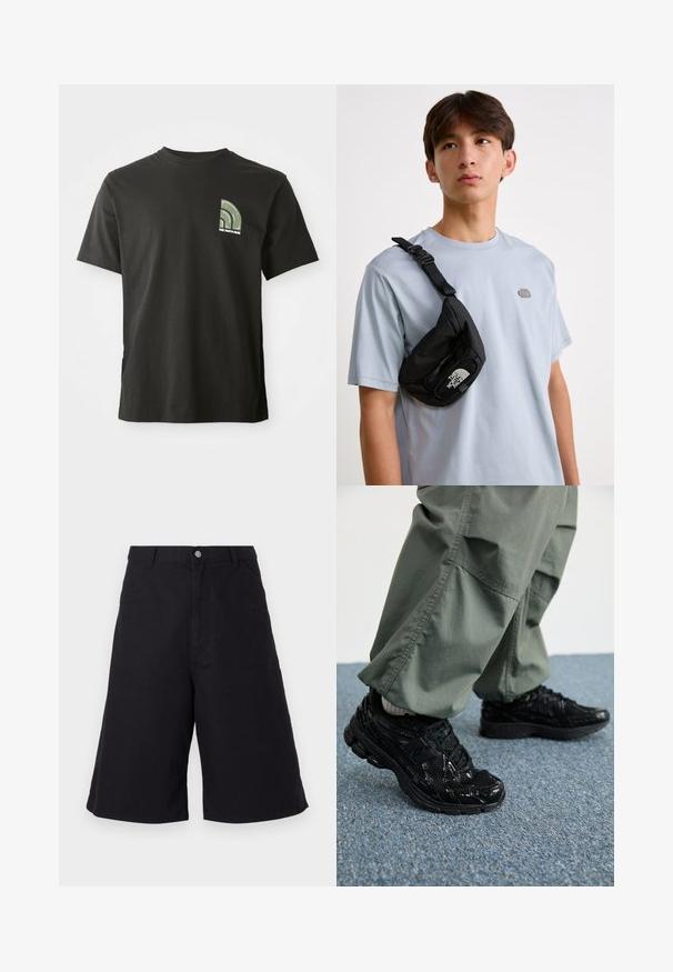 Melnā īsajās piedurknēs kreklā ar apaļu kakla izgriezumu, kas kreisajā krūtī rotāts ar nelielu zaļu un baltu ceturtdaļapļa logotipu un tekstu "The North Face".; Melnas kokvilnas šorts ar taisnu griezumu, priekšējām kabatām, pogu aizdari un tekstūru, kas piemērota ikdienas valkāšanai.; Melni sporta apavi ar spīdīgu un sieta tekstūru, ar biezu zoli un auklām, kombinēti ar brīvām olīvzaļām kravas biksēm.; Melna neilona krūšu soma ar regulējamu siksnu, ar izteiktu baltu logo. Valkāta virs gaiši zila T-kreklu. Vienkāršs, funkcionāls dizains.