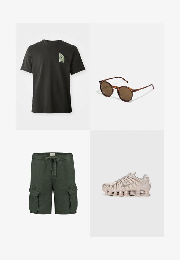 Melnā īsajās piedurknēs kreklā ar apaļu kakla izgriezumu, kas kreisajā krūtī rotāts ar nelielu zaļu un baltu ceturtdaļapļa logotipu un tekstu "The North Face".; Tumši zaļi linu cargo šorti ar elastīgu jostu, saites aizdari un divām sānu kabatām ar atloku detaļām.; Gaišbeidzs sporta apavi ar tīkla virsu, strukturētu dizainu un izteiksmīgu mīkstinātāju, kuram ir cilindriski elementi.; Apaļas saulesbrilles ar bruģēto rāmi un brūniem lēcu. Raksturīgas plānas kājas ar vieglu tekstūru un metāla akcentiem tuvumā pie lēcām.