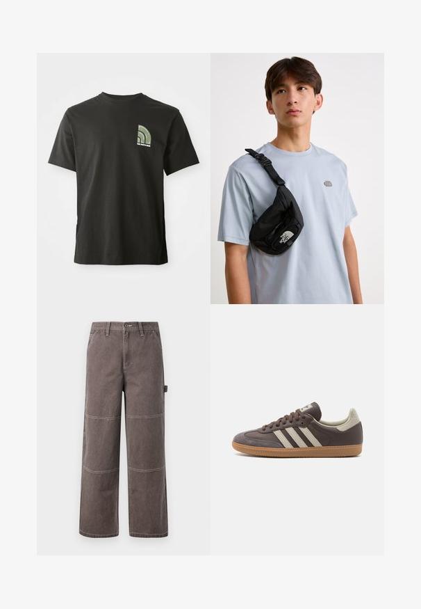 Čierne tričko s krátkym rukávom a okrúhlym výstrihom, s malým zeleno-bielym logom v tvare štvrťkruhu a textom "The North Face" na ľavej hrudi.; Široké nohavice v vyblednutej hnedej farbe, vyrobené z odolnej tkaniny s kontrastným prešívaním. Obsahujú panelové detaily a bočnú kapsu.; Hnedá kožená teniska s tromi svetlosfarbenými pruhmi, gumovou podrážkou, okrúhlou špičkou a textúrovanými semišovými akcentmi na päte a špičke.; Čierna nylonová crossbody taška s nastaviteľným popruhom, so zaslúženým bielym logom. Nosená cez svetlomodré tričko. Jednoduchý, funkčný dizajn.