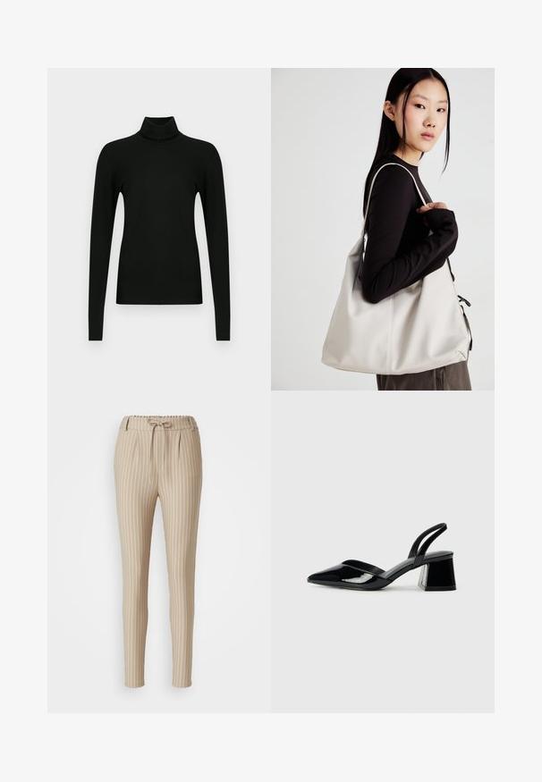 Crna majica dugih rukava s visokim ovratnikom izrađena od mekog, rastezljivog materijala s prilagođenim dizajnom i visokim ovratnikom. Glatka tekstura, bez uzoraka ili dodataka.; Bež prugaste hlače s elastičnim pojasom, uskim krojem, nabranim prednjim dijelom i glatkom teksturom. Sadrže vertikalne bijele pruge.; Crne lakirane kožne sandale s otvorenom petom i špicastim vrhom, s geometrijskom blok petom. Imaju elegantan, minimalistički dizajn i glatku teksturu.; Bežna torba od mekog materijala s opuštenim dizajnom, šivanim detaljima i dva remena za rame. Pogodna za svakodnevnu upotrebu.