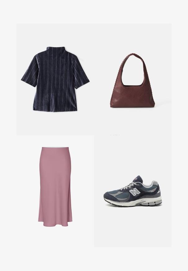 Juodas veliūro trumpomis rankovėmis viršus su vertikaliais ruožais, stovinčiu apykakle ir švelniu tekstūra. Turi laisvą siluetą ir glotnų paviršių.; Rožinė, iki kelių siekanti sijonas su elegantišku dizainu, turintis šoninę skeltą ir lygų paviršių. Pagamintas iš minkštos, lengvos medžiagos.; New Balance sportbačiai su tamsiai mėlyna tinkliniu ir veliūro viršumi, pilkomis detalėmis, baltu logotipu, paminkštintu padu ir tekstūruotais akcentais.; Burgundi odinės rankinės trikampio formos, atvira viršuje ir pintas detalės palei rankeną. Lygus paviršius su matinio apdaila.