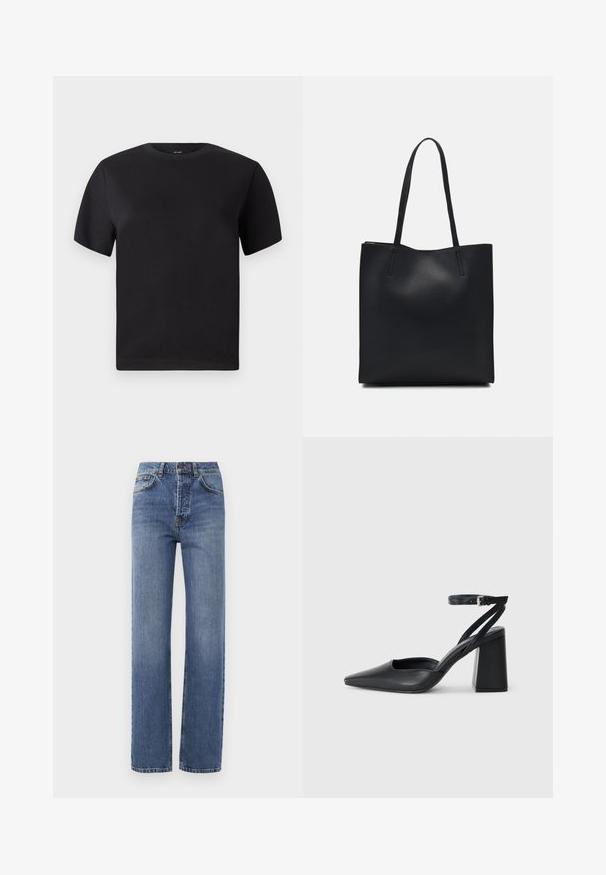 Must büstiga must t-särk, ümar kaelus, valmistatud pehmest puuvillast, sile tekstuur, minimalistlik disain ilma mustrite või aktsentideta.; Kõrge vöökohaga helesinised denimid, sirgete jalgade disain ja kerge fade efekt. Omab standardset viit taskut ja tõmblukku.; Mustmustest must-käigukingad, millel on konksuga nöör ja paks konts. Ühtlane tekstuur, stiilne disain ja minimalistlik esteetika.; Mustast nahast kott sujuva tekstuuriga, ristkülikukujuline ja kahe pika sangaga. Pole nähtavat riistvara ega kaunistusi.