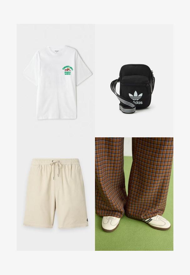Vit bomullströja med en grön och röd grafisk text på vänster bröst som säger "cashart Who Pronto Subito." Korta ärmar.; Beige kordshorts med elastisk midja och snörning, med en subtil vertikal ribbad struktur och en liten etikett på sidan.; Bruna och blå rutiga vida byxor i kombination med vita skor med svarta accenter och texturerade sulor, mot en grön bakgrund.; Svart tygaxelväska med dragkedjestängning, prydd med en vit Adidas-logga och ett randigt justerbart band för enkel bärning.