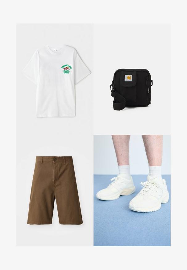 White cotton t-shirt featuring a green and red graphic text on the left chest reading "cashart Who Pronto Subito." Short sleeves.; Brown cotton shorts with a straight cut, featuring a front button closure, belt loops, and side pockets. Smooth texture and clean seams.; White athletic sneakers with mesh and suede detailing, textured sole, rounded shape, and lace closure, worn with white ankle socks.; Black crossbody bag with a zippered main compartment, front pocket, adjustable strap, and a visible logo patch on the flap.