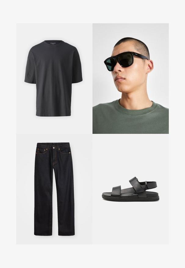 Fekete, rövidujjú pamut póló, kerek nyakkivágással és laza szabással. Nincsenek minták vagy díszítések láthatóak.; Férfi egyenes szabású fekete farmernadrág öt zsebbel és narancssárga varrással, gombos és cipzáros záródással elöl.; Fekete bőr szandálok, amelyek két széles pánttal rendelkeznek a lábfejen, állítható sarokpánttal és textúrált gumitalppal a jobb tapadásért.; Fekete, téglalap alakú napszemüveg sötét lencsékkel, jellegzetes formával és márkajelzéssel a szárán. Zöld inget viselő személynél.